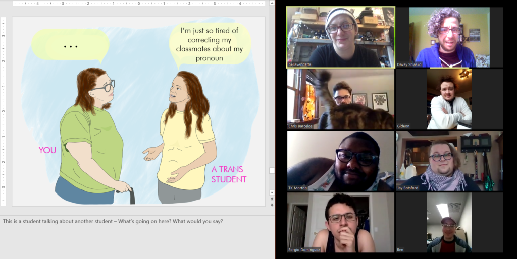 screen shot of a split screen; on one side is a slide depicting a scenario for practice, on the other side a group of 8 people in an online discussion room, discussing the prompt